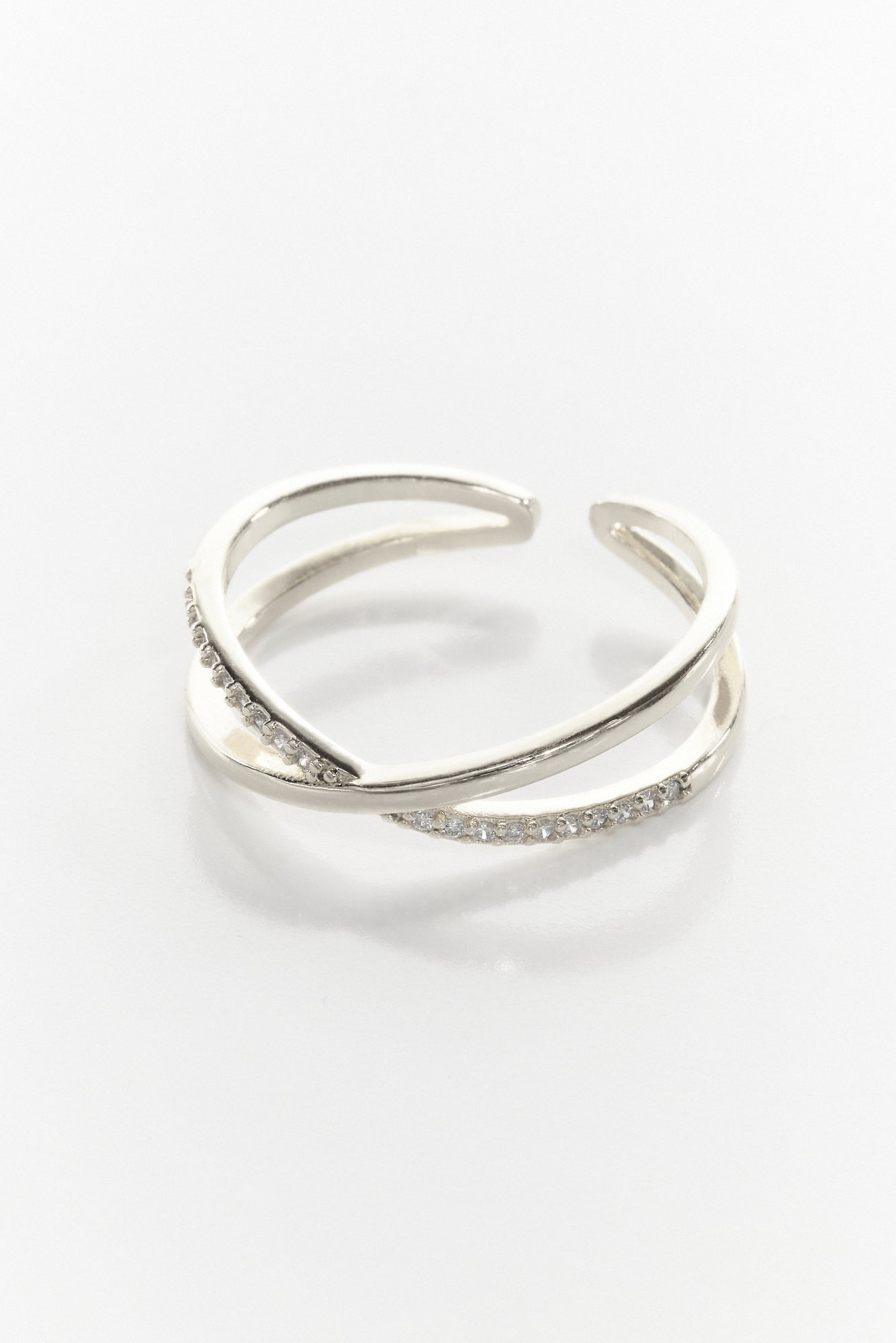 Crossed Pave Silver Ring