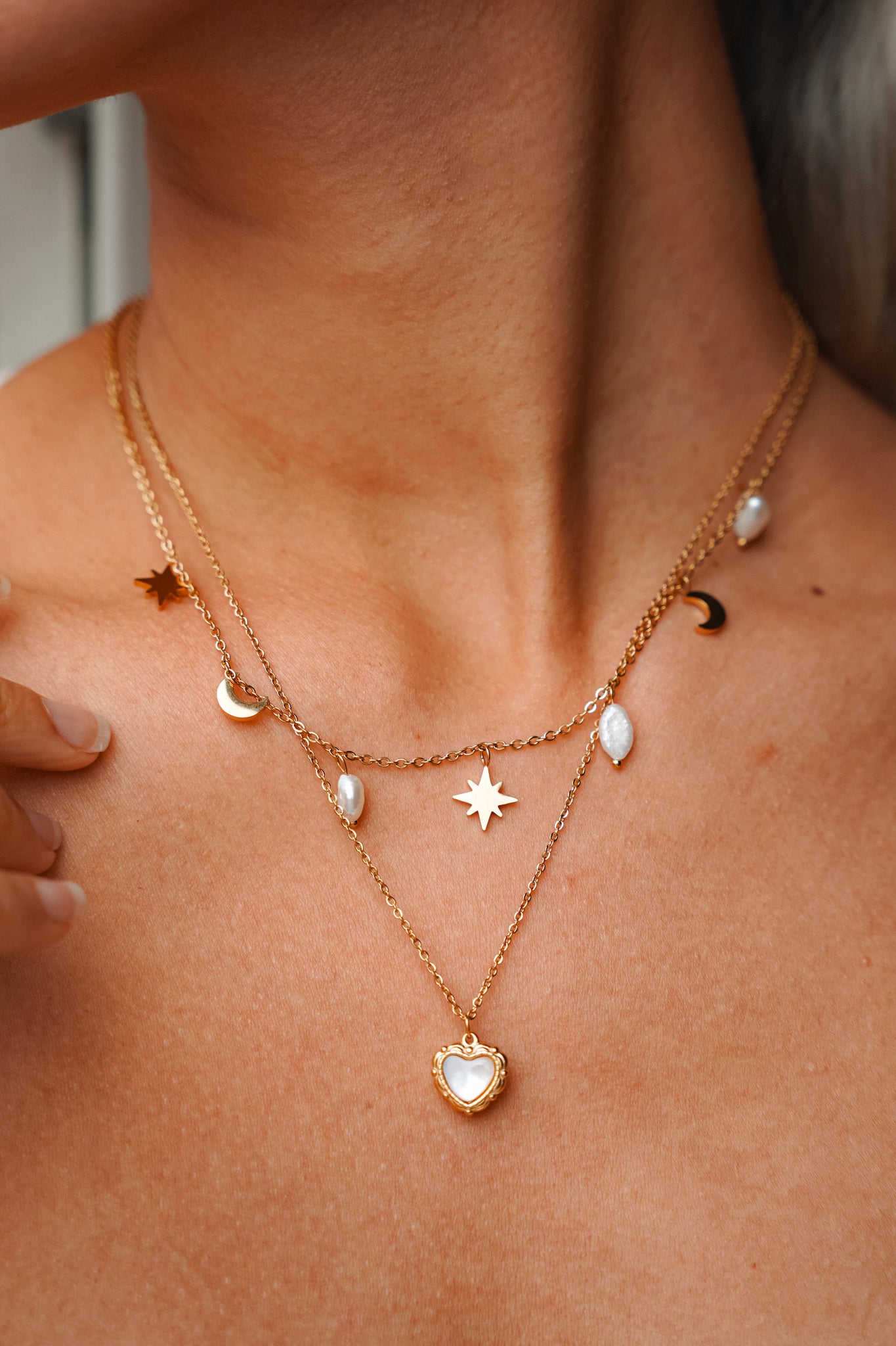 Pearl and Moon Light Multi Drops Necklace